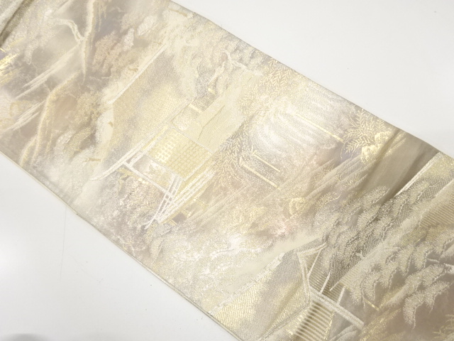 アンティーク　村田織物製　二重引箔　屋敷風景模様織り出し袋帯（材料）